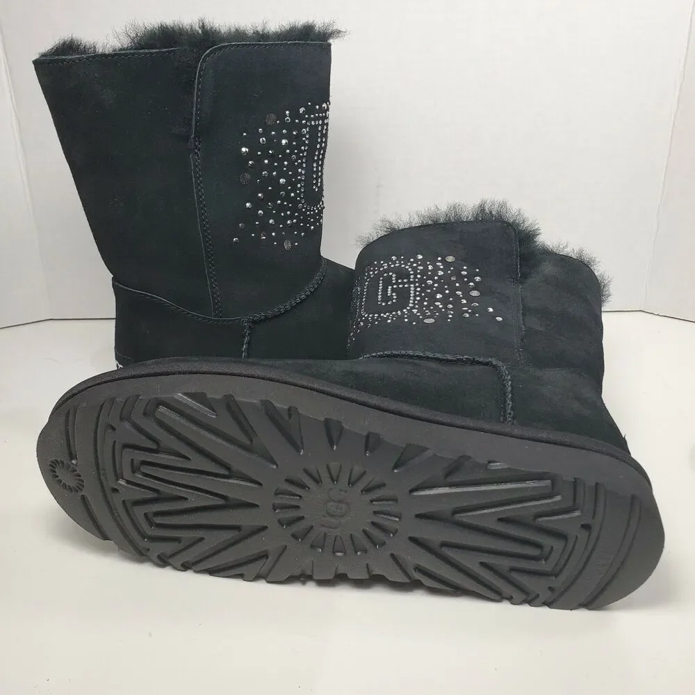UGG Women boots Classic Bling ankle pull on black suede shearling sz 6 37  new